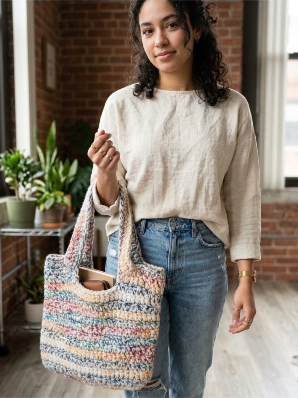 Handmade Multicolor Crochet Tote Bag - Cream, Blue & Pink